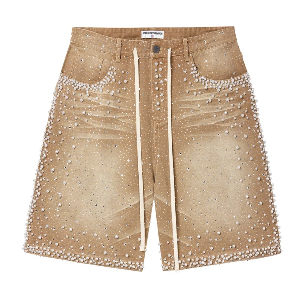 Men's Tan Jean Shorts with Pearl Embellishments